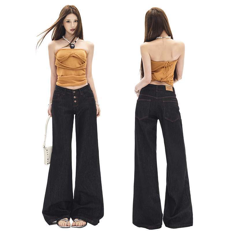 In-Stock Wholesale Non-Stretch Classic Black Tea Color Button-Front Contrast Stitching Curved Hem Jeans Low-Rise Floor-Length Pants