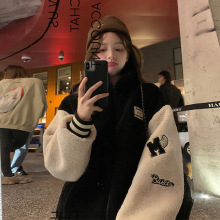 冬季新款羊羔毛外套女拼接撞色小个子宽松加绒加厚棉衣