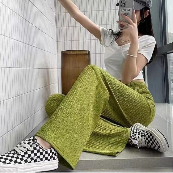 Southeast Asian Summer Girls Sandy Leaves Wide Leg Pants Slimming Solid Color High Waist Straight Casual Loose Personalized Pants