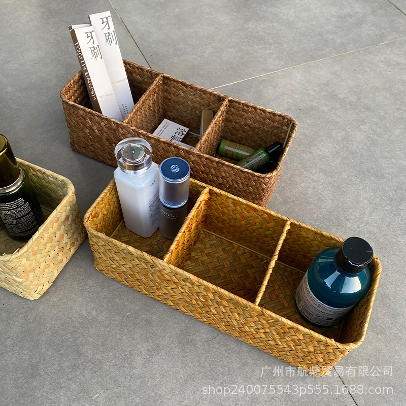 Cestas de almacenamiento de algas de mar tejidas a mano no bambú tejido profundo material tres particiones de almacenamiento tejido tejido canasta de papel al por mayor retro
