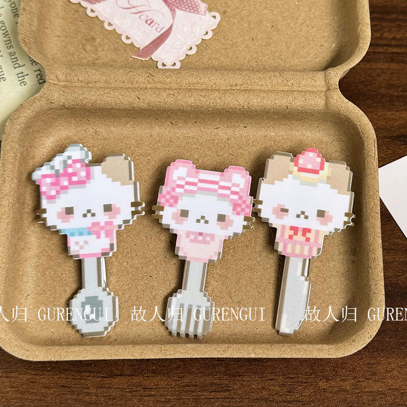 Sweet Pink Pixel Cat Style Fork and Knife Bear Hairpin, Girly Style Hair Clip for Bangs, Cartoon Cute
