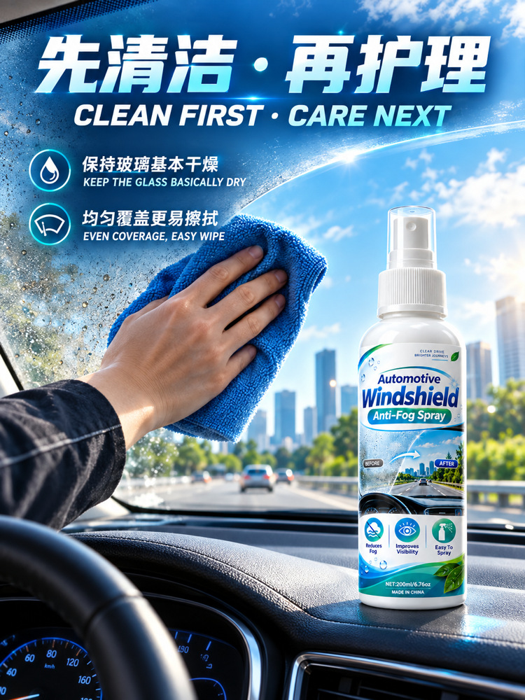 Car windshield anti-fog spray, automotive glass anti-fog spray, de-fogging agent, waterproof anti-fog spray, hydrophilic film for car glass