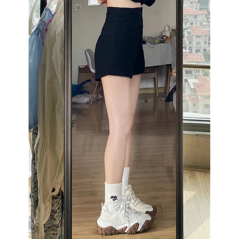 블랙 플러스 사이즈 슬림 룩 높은 허리 데님 반바지 여자 2024 여름 불규칙한 디자인 감각 A-워드