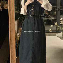 复古牛仔背心连衣裙套装女春秋季新款气质修身显瘦衬衫叠穿两件套