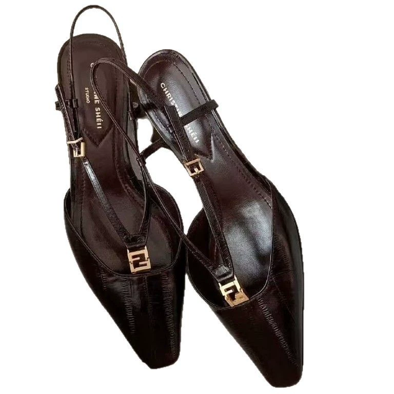 Instant cowhide version~Su Yinyin's same square-toe small gold buckle eel pattern high heels for women's kitten heels empty sandals