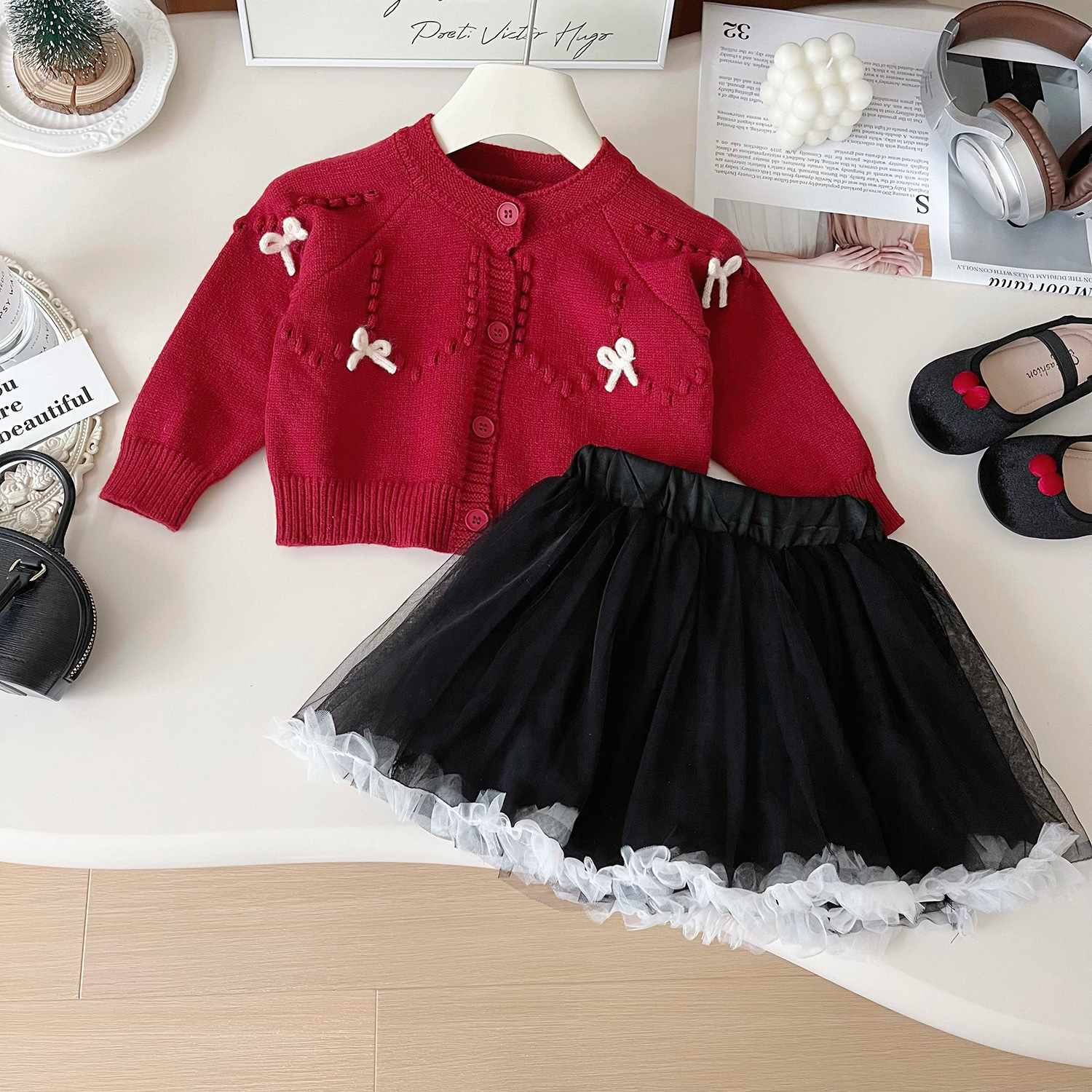 Cardigan tricoté pour filles, nouvelle version coréenne d'automne 2024, veste pull élégante, ensemble deux pièces jupe princesse 67516_voghion.com