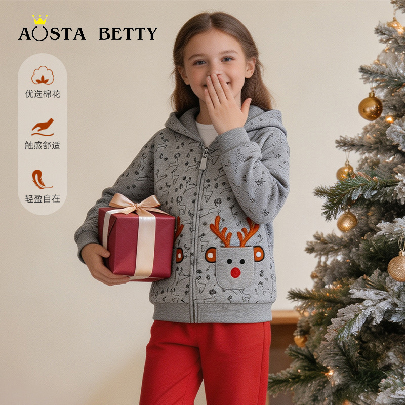 AostaBetty秋季女童卫衣欧美风格儿童圣诞节麋鹿口袋连帽拉链外套