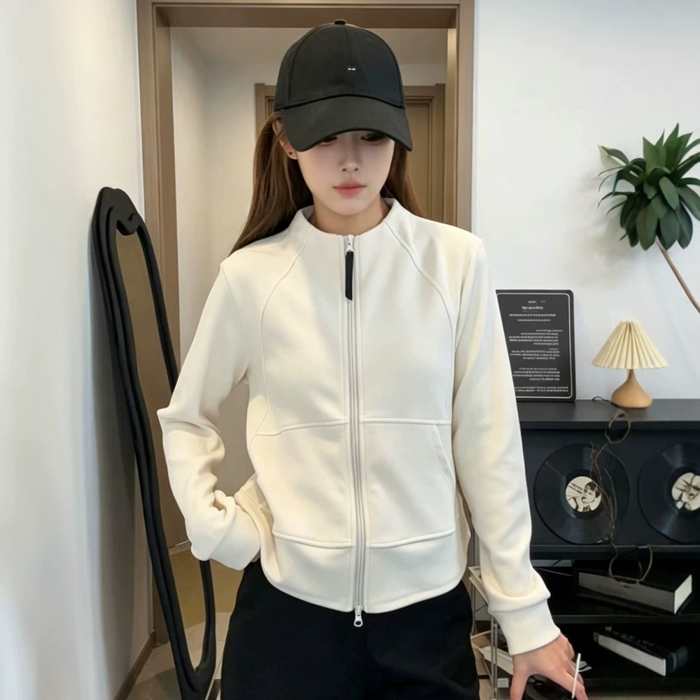 欧货立领双拉链修身短款卫衣外套女2025秋季新款百搭显瘦开衫上衣