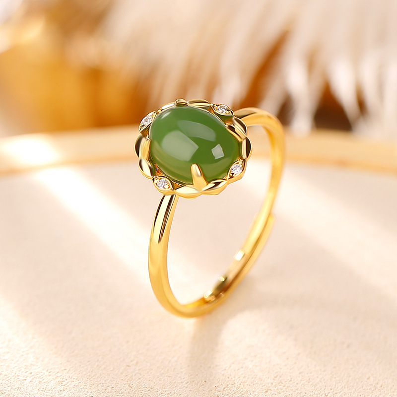 Nhẫn nữ bạc S925 mặt trứng ngọc bích mạ vàng phong cách đơn giản thanh lịch — Kiểu mạ bạch kim, Kiểu mạ vàng