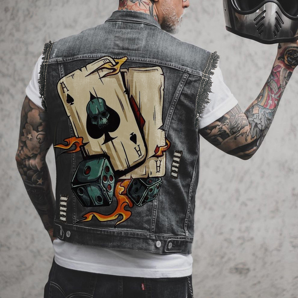 Taisna vīriešu motocikla džinsa veste ar sezonāliem apkakles pušķiem, vintage jauns stils_voghion.com