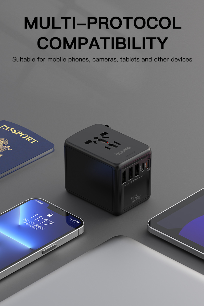 Adaptor de calatorie universal, WALALLA, incarcare rapida PD 35W, 3 porturi USB-A, 2 porturi USB-C, Negru Glossy 9 adaptor de calatorie (8).jpg