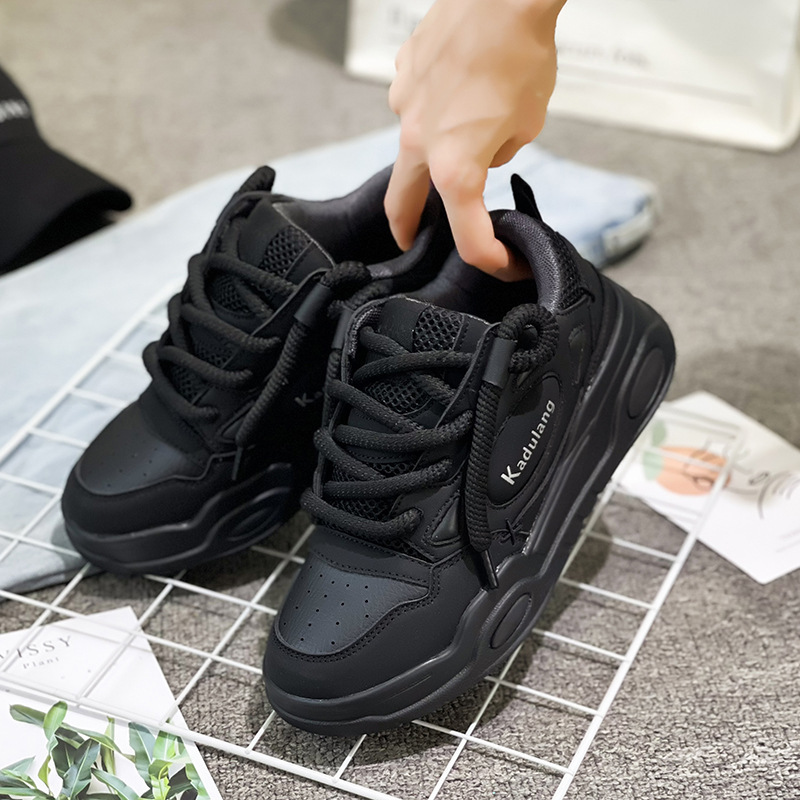 Xu Ling ins Student Pure Black Platform Bread Shoes Children's chic Couple Height Increasing Leisure Sports Board Shoes for Men and Women