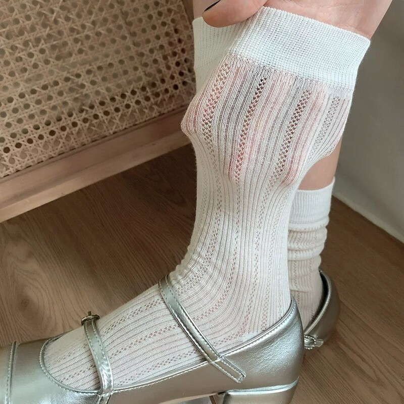 Gray Slouch Socks for Women, Summer Thin Mid-Calf Socks, Pure Cotton Mesh Breathable Ballet-Style White Long Socks for Summer