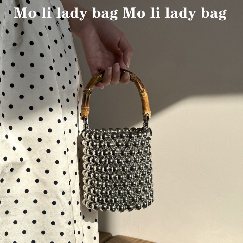 Guofeng New Chinese Style Bucket Bag Bamboo Handbag High-end Metallic Niche Pearl Bag Beaded Bag Women's Bag