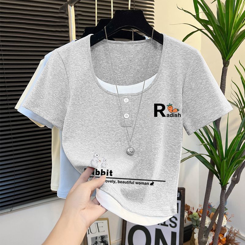 女性用右肩スクエアネック半袖Tシャツ、夏用大きいサイズファットmm、ゆったりスリムデザイン、ニッチな肉感カバー半袖トップス|undefined