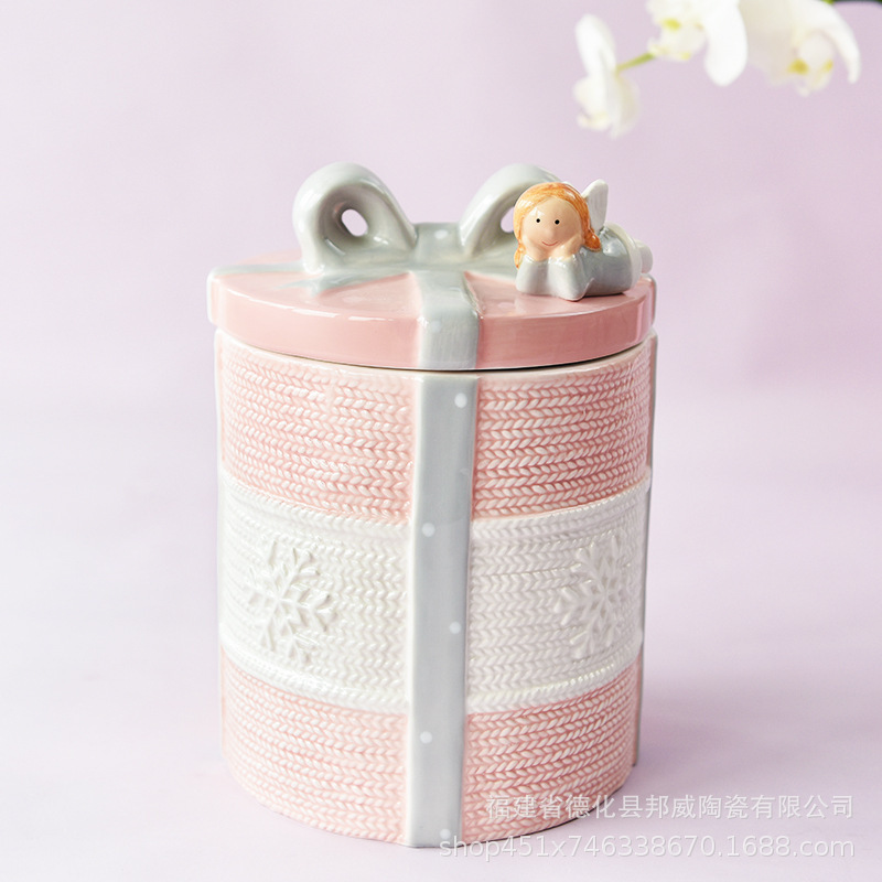 Angel de boda americana Día de San Valentín rosa corazón de la niña cerámica sellado latas de almacenamiento latas de almacenamiento puede decorar adornos