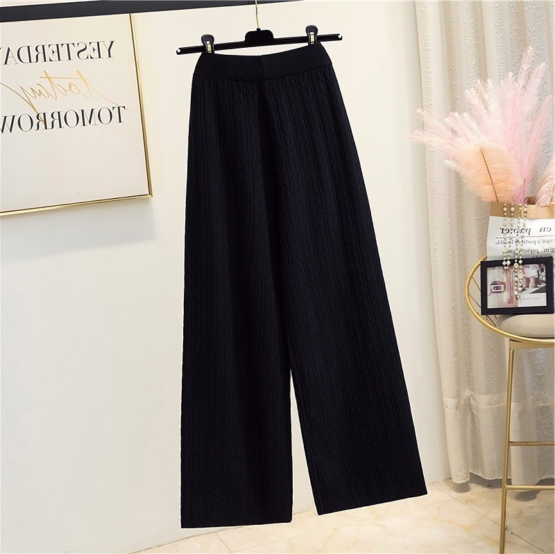Nuovi stili primaverili e autunnali a gamba larga e dritta lavorati a maglia, lunghezza pavimento, vita alta, snellenti, casual, in lana, da donna_voghion.com