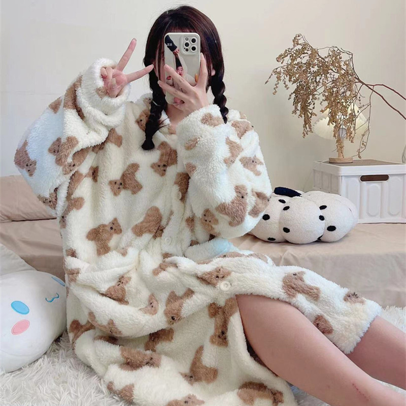 Coral pijamas camisón de invierno Albornoz de las mujeres engrosada de lana forrada cardigan camisón largo de franela de dibujos animados ropa de casa