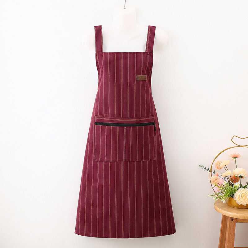 Vertical Striped Long Sleeve Apron With Large Pocket For Kitchen_voghion.com