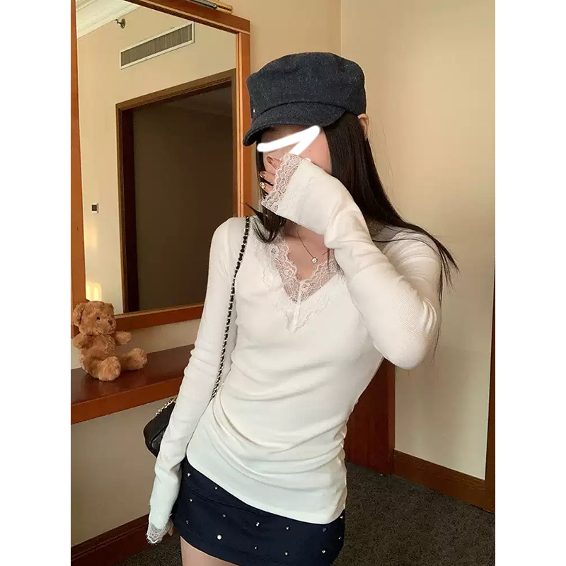 白色纯欲蕾丝花边长袖磨毛打底衫女春秋冬正肩修身v领内搭上衣t恤|undefined