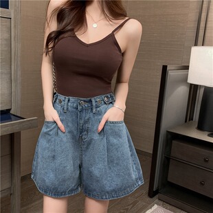 High Waist Slim Look Wide Leg Pants Women's Loose Korean-style All-match Chic Hong Kong Style Denim Short Pants