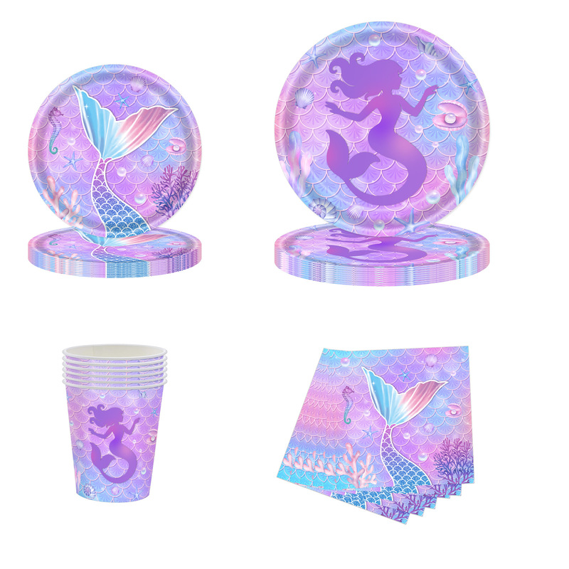 Amazon's New Disposable Party Plates Mermaid Gradient Purple Paper Plate and Cup Set Party Birthday Plates