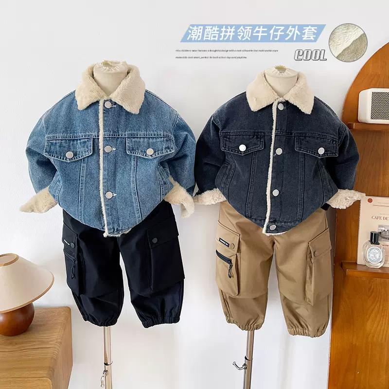 风之谷2025冬季新款儿童韩版加绒加厚牛仔外套男女童秋冬保暖上衣