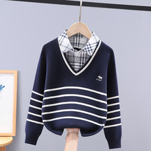 秋冬新款男童衬衫领假两件童装针织衫中大儿童男孩毛衣纯棉上衣潮