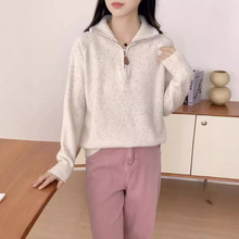 计感polo领米色针织衫女装2024秋冬季新款半拉链宽松套头毛衣女衫