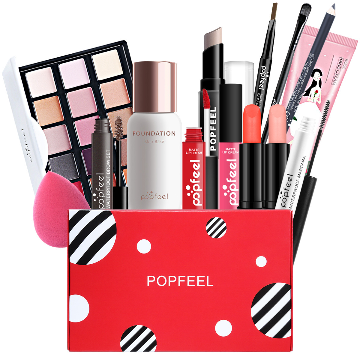 POPFEEL transfronterizo al por mayor sombra de ojos brillo de labios base lápiz labial corrector maquillaje para principiantes al por mayor kit de belleza