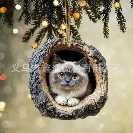 Nuevo agujero de árbol transfronterizo gatos decoraciones de Navidad colgantes de árbol de Navidad colgantes de acrílico plano 2D