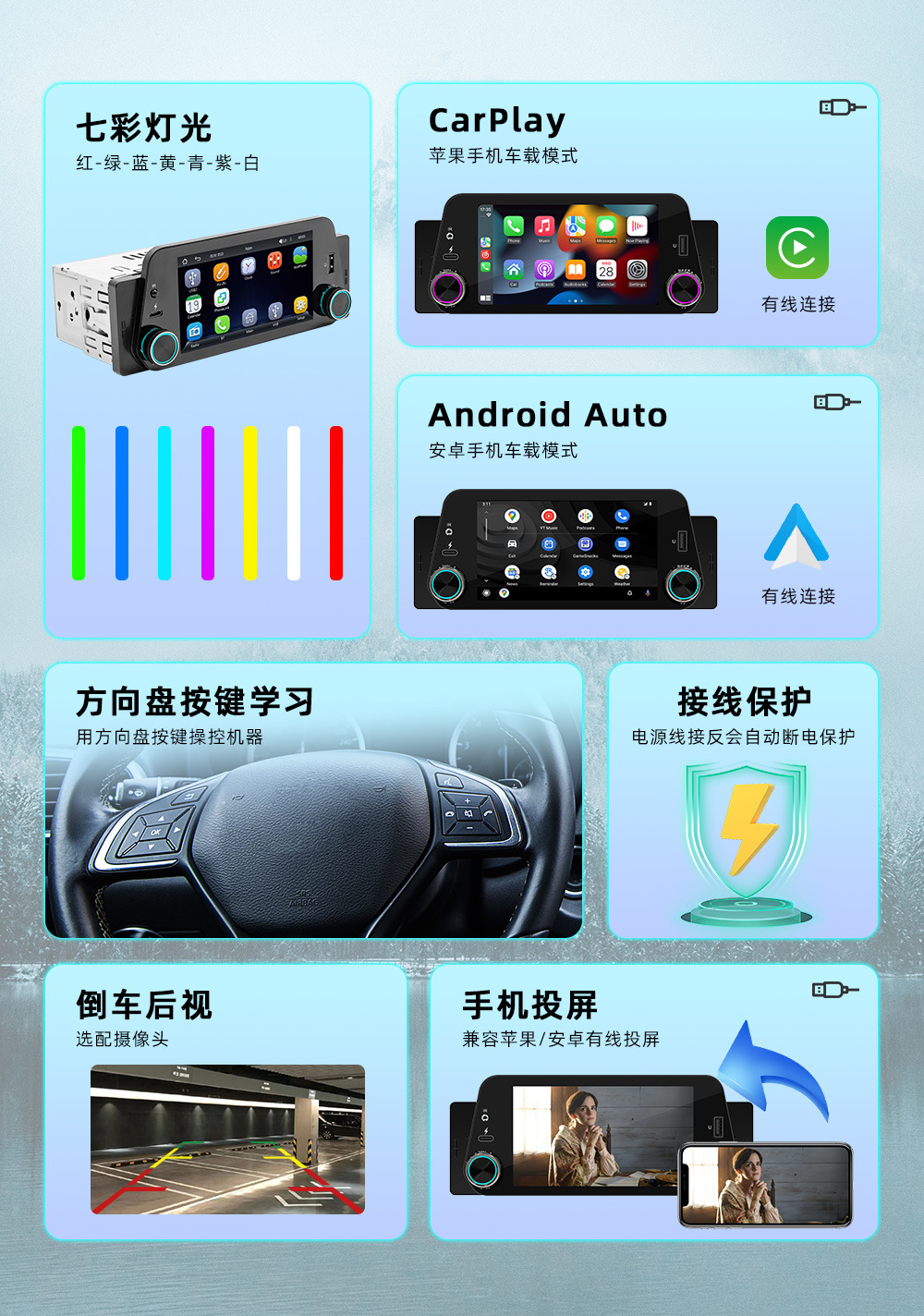 F152C 5inch Single-Shank Car Bluetooth Mp5 Player Wired Carplay + Android Autowinch System