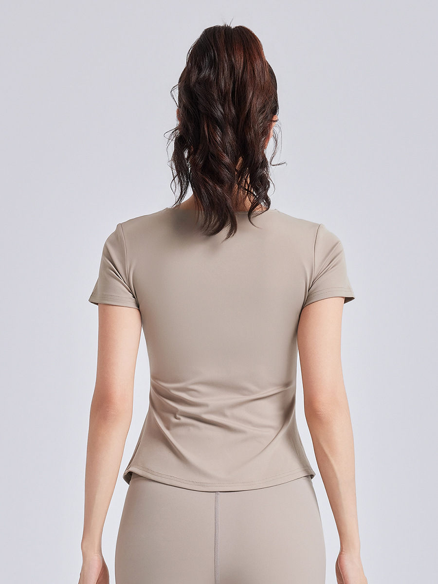 Juyitang, novedad de verano, ropa de yoga plisada con cuello en V, manga corta, envoltura de burbujas para mujer, copa fija, aspecto adelgazante, tops deportivos para fitness