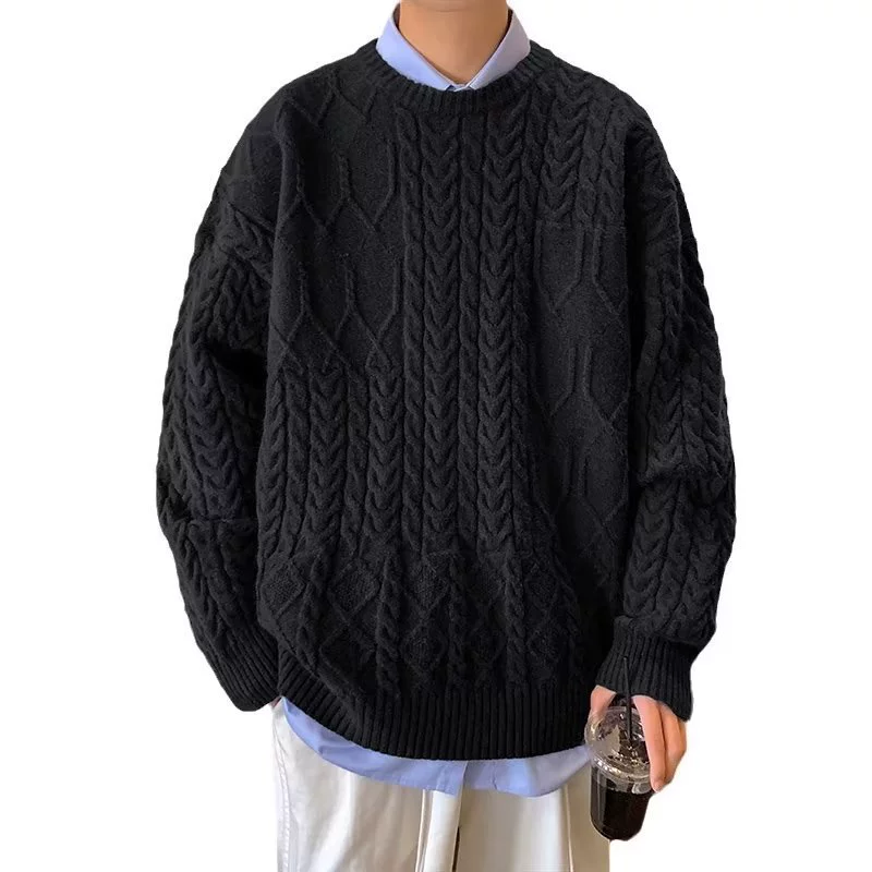 Мужской демисезонный японский вязанный шерстяной свитер с круглым воротником