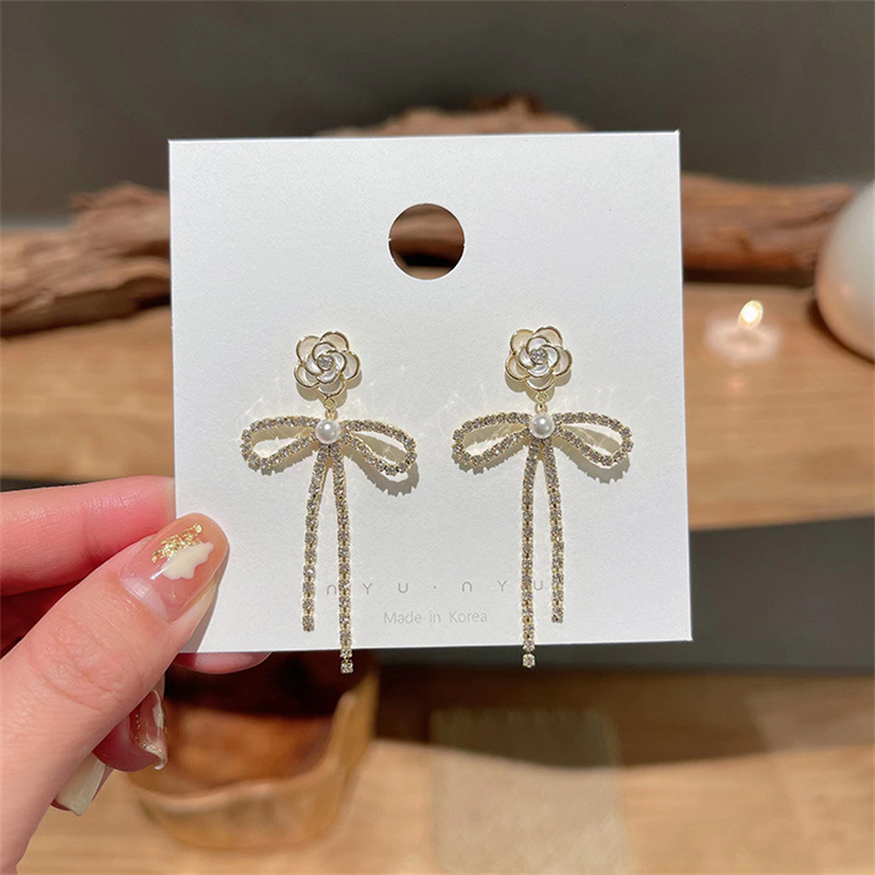 1 Pair Quantity 1 Pair Lady Flower Bow Knot Inlay Alloy Artificial Diamond Earrings