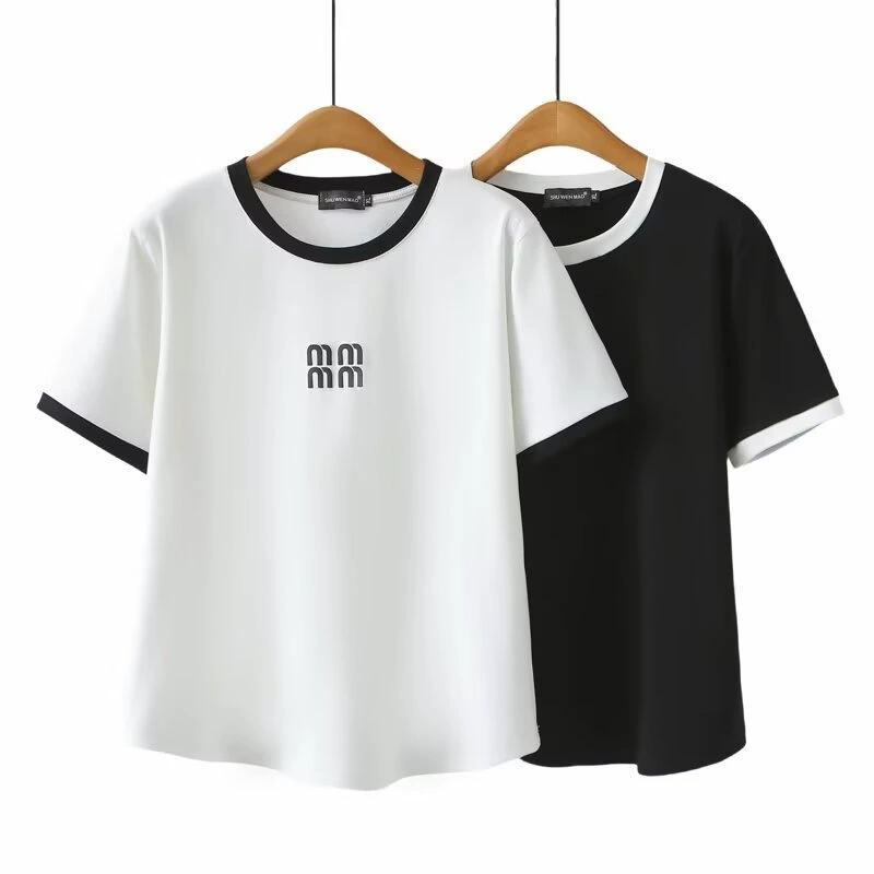 Женская летняя одежда больших размеров, новая универсальная футболка с короткими рукавами и контрастным цветом для похудения, 2519