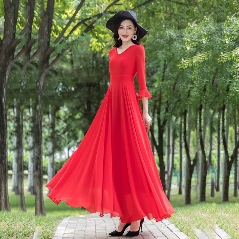 2024 Summer New Chiffon Long Skirt with Large Hem, Elegant and Slim-Fitting, Ultra-Long Dress for Women, Beach Vacation Dress
