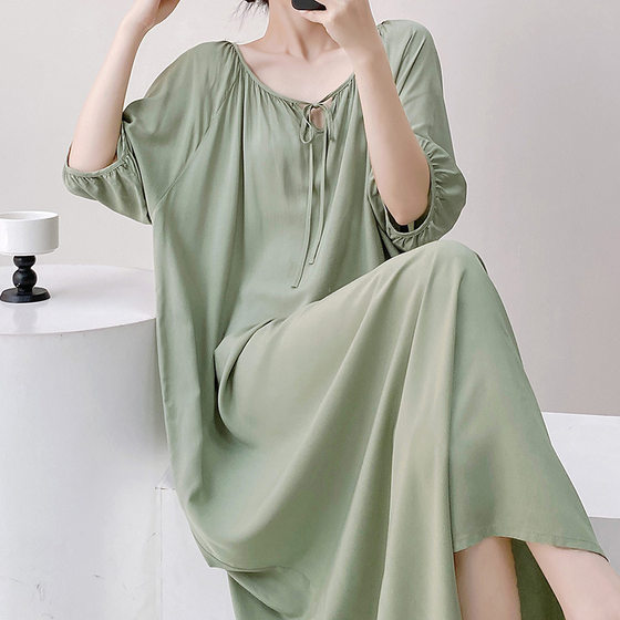 Short-sleeved Cotton Silk Nightgown Women's Spring and Summer Printed Pajamas Loose-fit plus size Long Outer-wear High-end Style Home Clothes