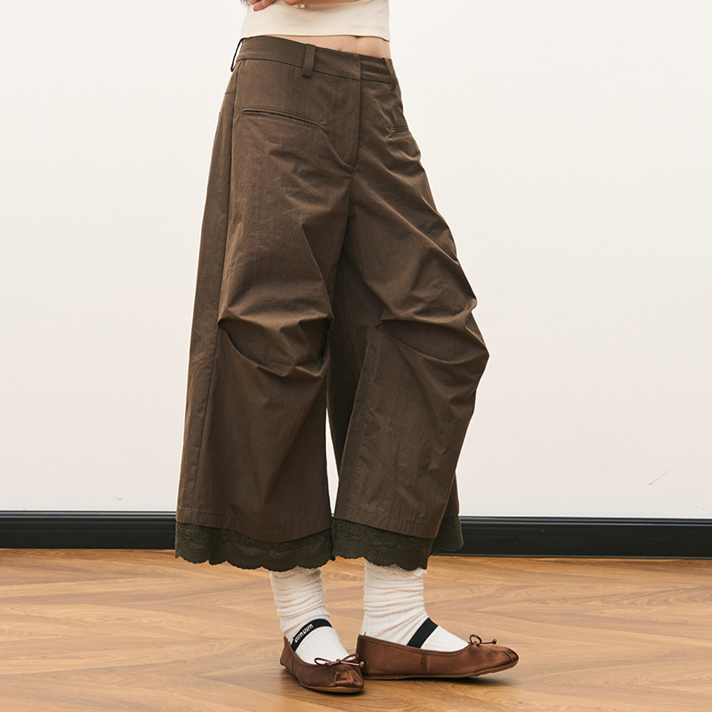 Retro Style Coffee-Colored Wide-Leg Pants for Women, Spring and Summer Lace Splicing Loose Slimming Look Cropped Casual Pants for Women