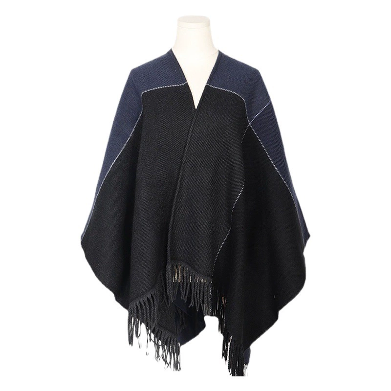 Осенне-зимняя толстая синяя большая цветная блочная клетчатая кашемировая накидка на флисовой подкладке, Толстая Женская фабрика большого размера с разрезом