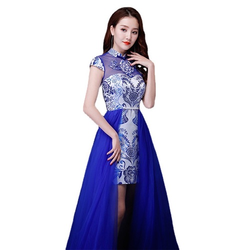 Royal blue Short evening party oriental qipao dress for women host catwalk singers show dress with tuxedo skirt  photos shooting miss etiquette cheongsam for woman