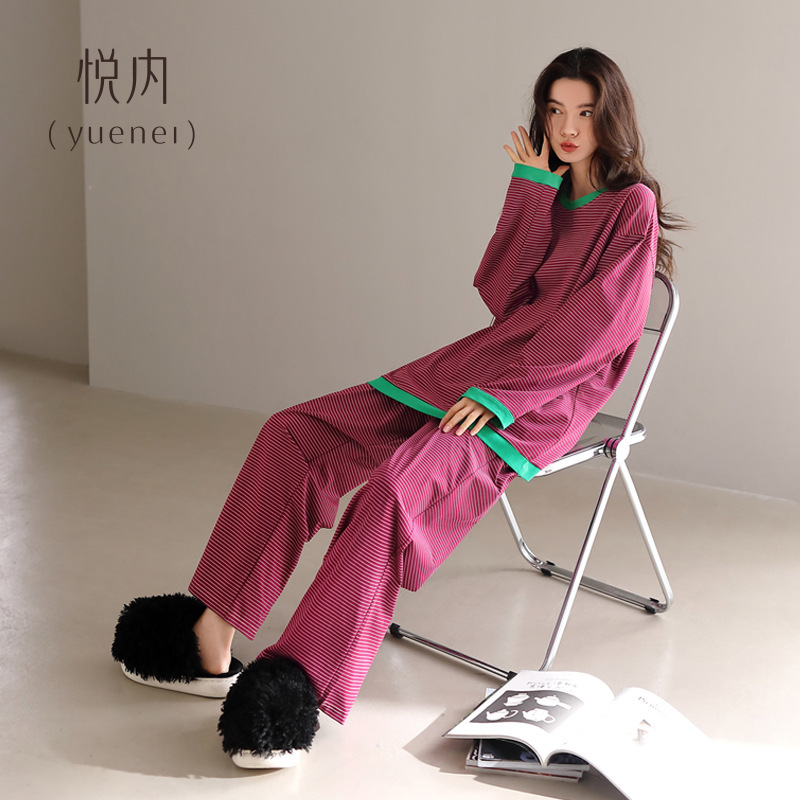 悦内睡衣女春秋款秋季纯棉长袖长裤家居服宽松大码条纹显白莓红色|undefined