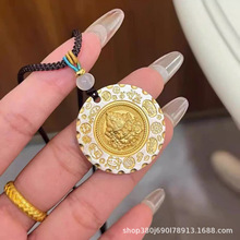 国潮新款黄财神吉言百福描金圆牌吊坠实心银牌新中式99小红书同款