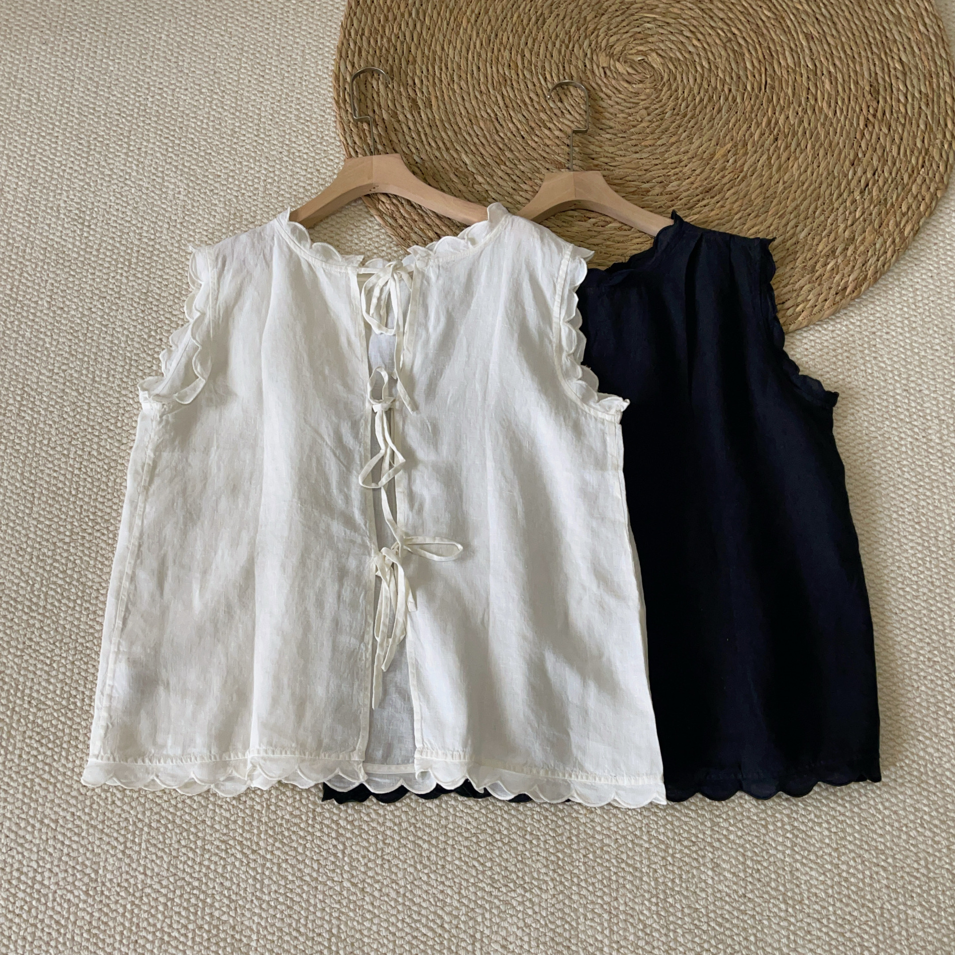 Wear it on both sides! Summer New White Linen Ear Collar Sleeveless Loose Drawstring Lace Vest Women's Vest