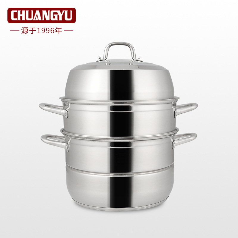 創宇304不鏽鋼蒸鍋三層複底家用鍋具禮品電磁爐通用廠家批發