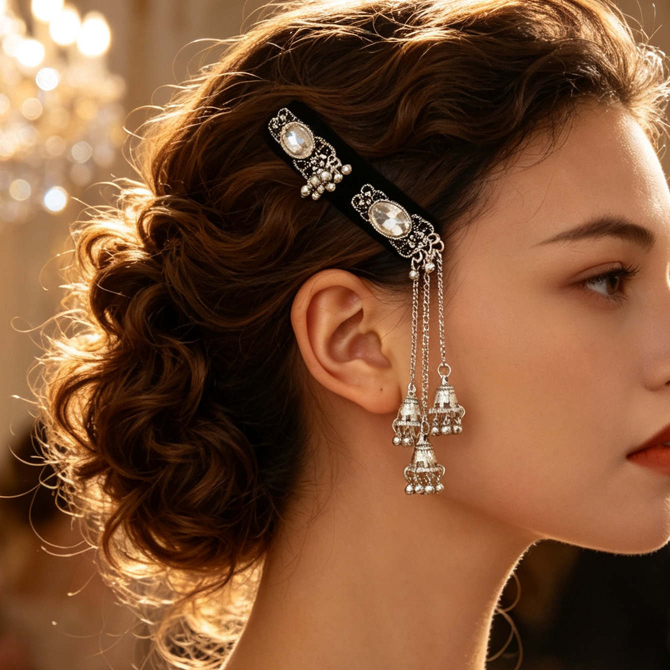 2026 New Ethnic Style Bell Chain Tassel Hair Clip with Alloy Imitation Turquoise Edge, Back of the Head Hair Accessory Wholesale