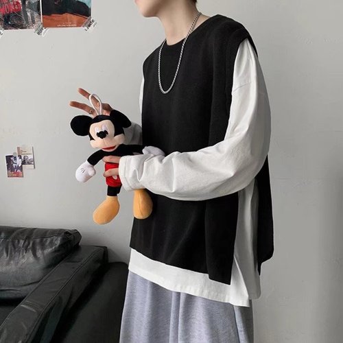 Men's Fashion V-Neck Cardigan with Side Slits, Loose-Fitting, Sleeveless, Hong Kong Style, Korean Version, Outerwear