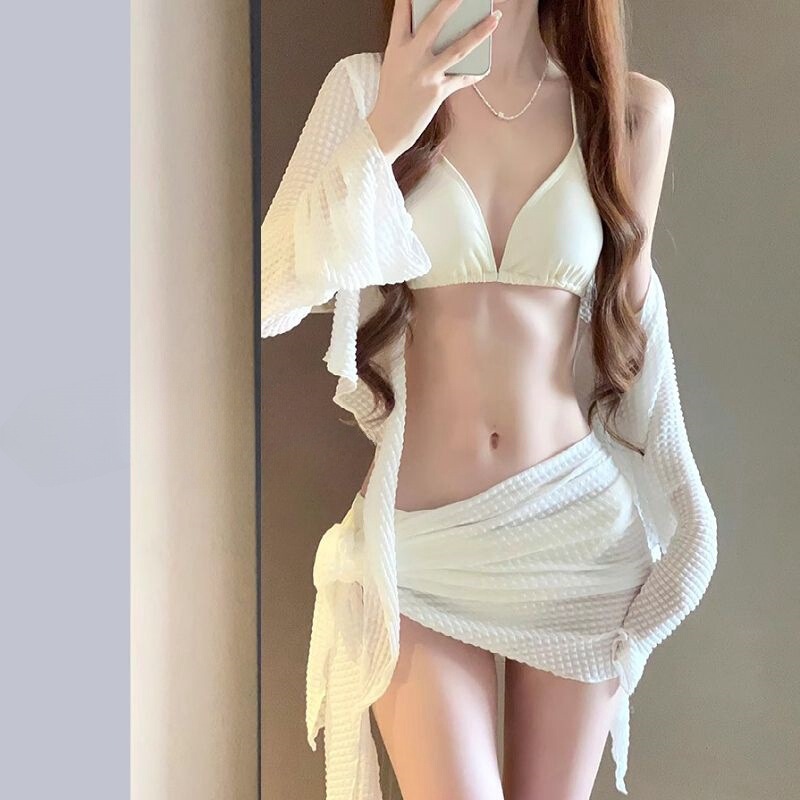 ビキニ水着女性 2024 新しい 4 ピースセット白セクシーなスプリット水着痩身休暇温泉|undefined