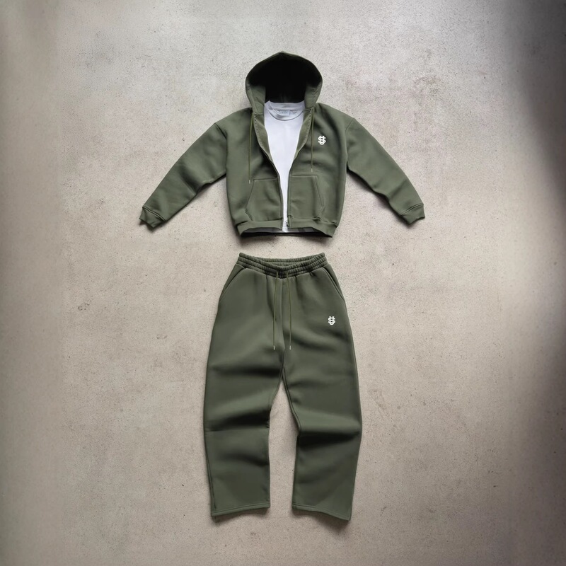 European and American Style In-Stock Autumn Sports Casual Men's Fleece Hooded Printed Zip-Up Jacket and Straight-Leg Pants Set in Stock