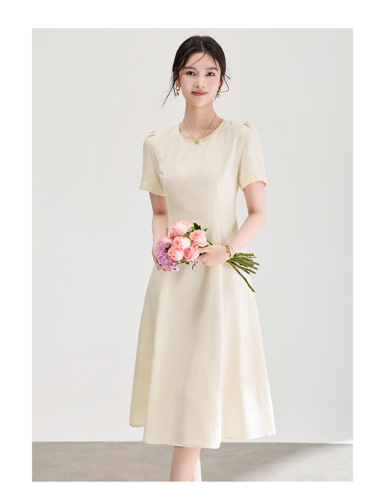 Đầm chữ A nữ cao eo họa tiết jacquard nơ — màu hồng chi tiết 16